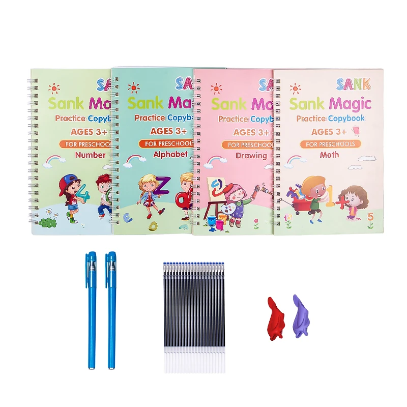 

4 книги + ручка, волшебная практическая книга, Бесплатная вытирание, детская игрушка, стикер для письма, английская книга для каллиграфии, Монтессори, игрушки