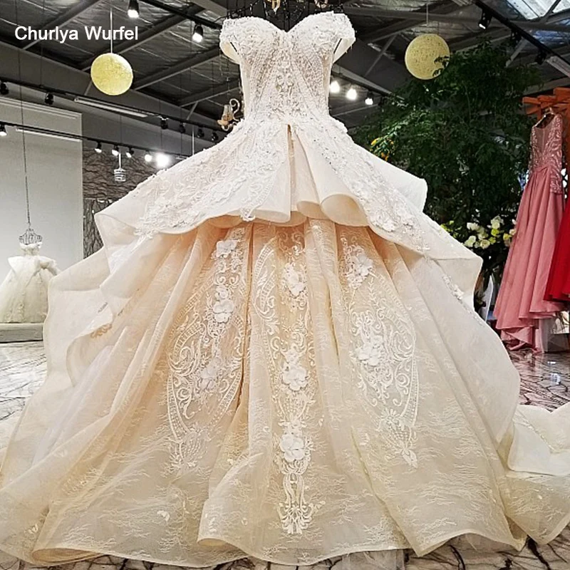 LS321003 свадебное платье2018 шампанское с открытыми плечами Свадебные платья с нестандартного размера два слоя юбки большой торжественное