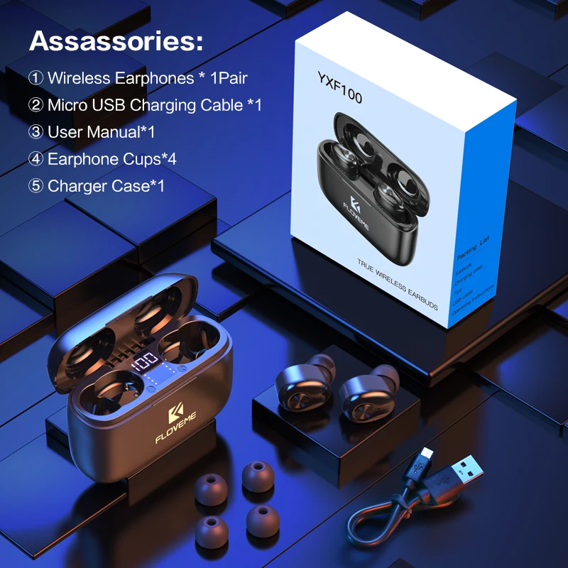 FLOVEME Headphones For TWS 5 0 Mini cuffie Bluetooth Earphones Touch Control HIFI Stereo Bluetooth Headset for iOS Android