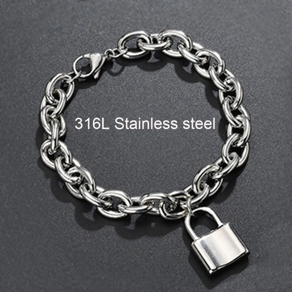 

Stainless Steel Lock pendant Bracelet Women Men Square Padlock Rolo Bracelet 9mm High polish hand-chain friendship lover gift