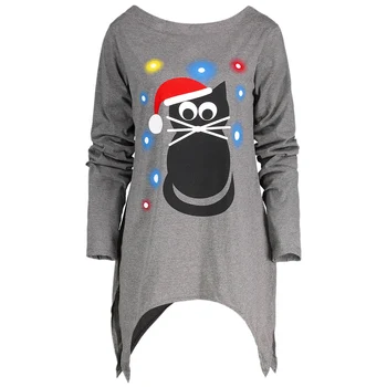 

Women Cat Print Asymmetric Skew Neck Top Fashion Streetwear Cartoon Sweatshirt Fall Spring 2019