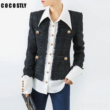 

Patchwork Tweed Jackets Women's Coat Lapel Collar Long Sleeve Korean Coats Female Short Jackets Autumn Fashion OL New
