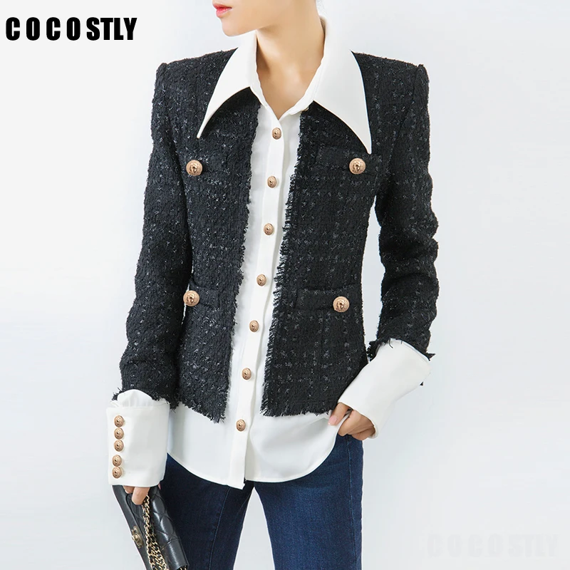 discounted  Patchwork Tweed Jackets Women's Coat Lapel Collar Long Sleeve Korean Coats Female Short Jackets Aut