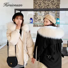 Hirsionsan, зимняя женская толстая куртка, большой меховой воротник, парка, корейская мода, карман, сестры, парка, теплая, с капюшоном, Короткое женское пальто