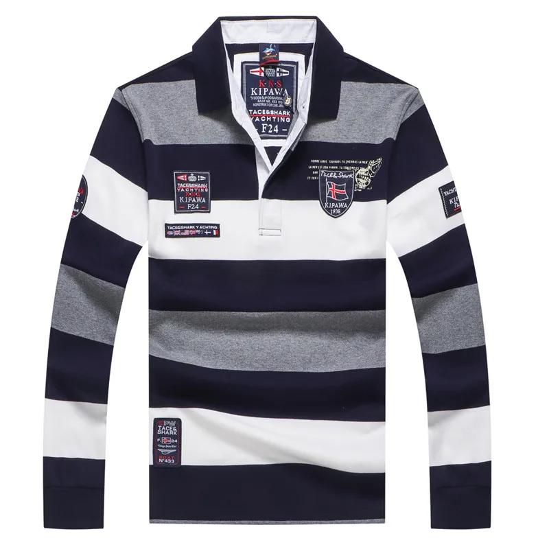 Стильные модные мужские поло с длинным рукавом с акулой, в полоску, Camisa Masculina, повседневные деловые мужские полоски контрастного цвета