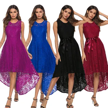 

Women's Vintage Irregular Lace Sexy Dress Temperament Commute Solod Color Round Neck Sleeveless High Waist Tank Dress Plus Size