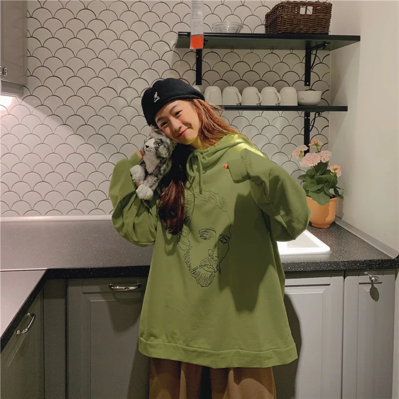 Корейская мода ulzzang, простая толстовка с капюшоном и длинными рукавами, осенняя новинка, ins, Harajuku, однотонная, свободная, с капюшоном, Повседневная Женская толстовка