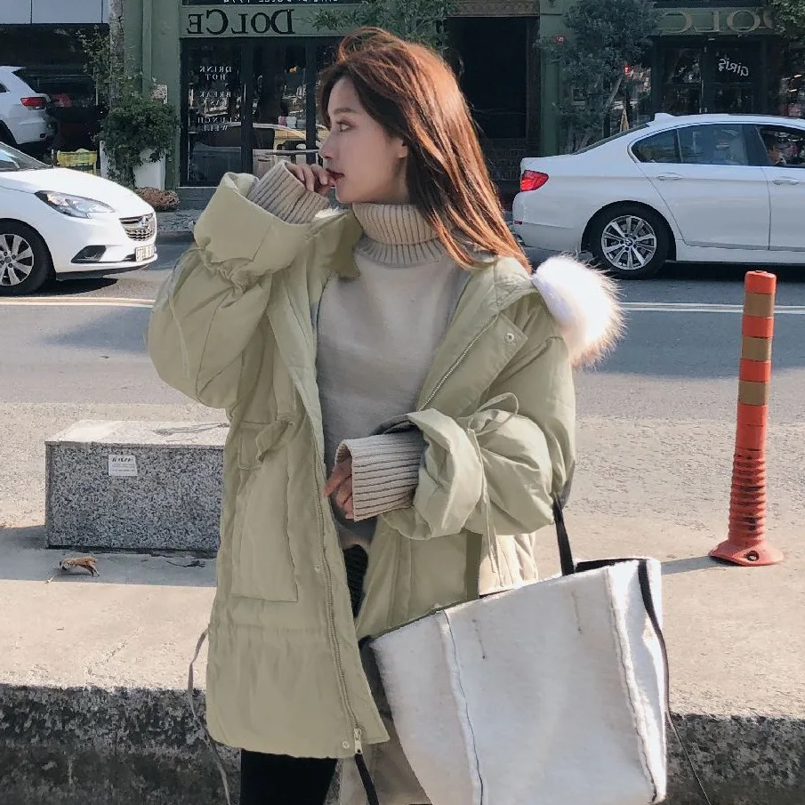 

2019 Chic off Season Light Green Short Hooded Large Fur Collar Loose-Fit Drawstring Bandage Cloth New Style Cotton Clothes Coat