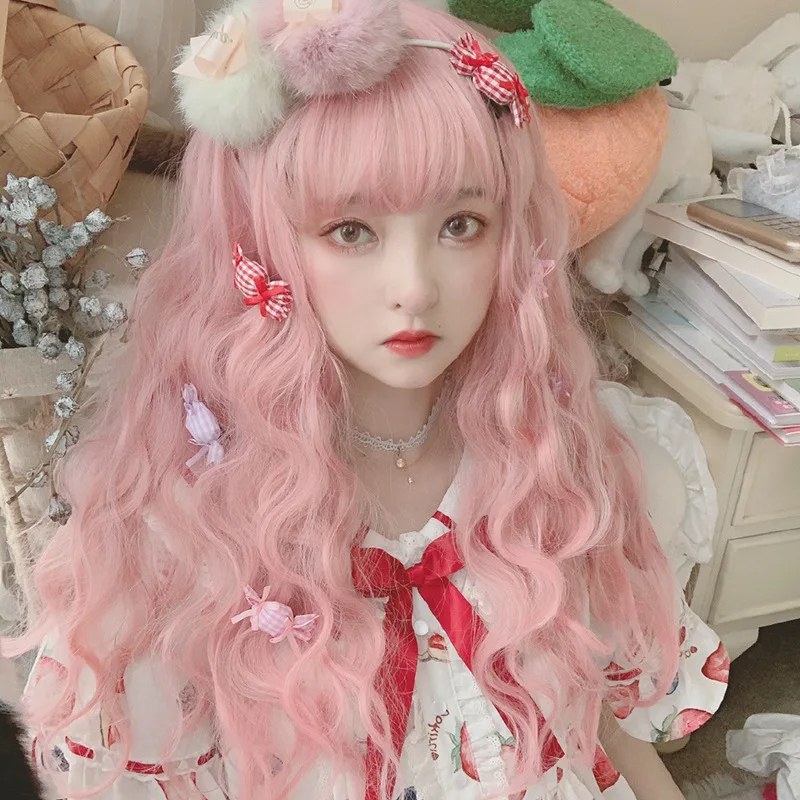 Lolita wig female growth curly air bangs big wave set role playing stage performance cute pink girl long hairModified face | Тематическая