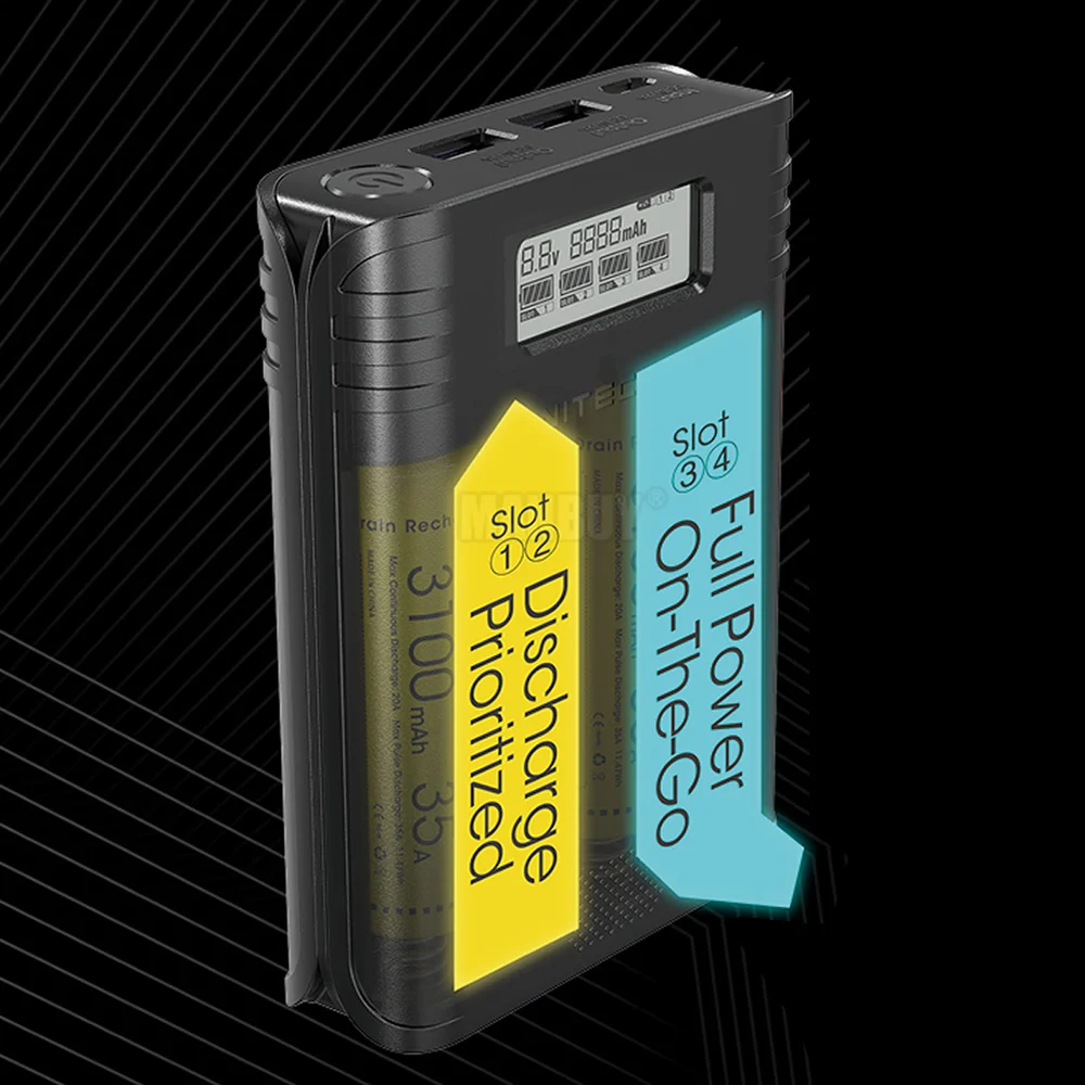Зарядное устройство NITECORE F4 FlexBank 2 в 1 смарт зарядное USB 4 слота внешний дорожный