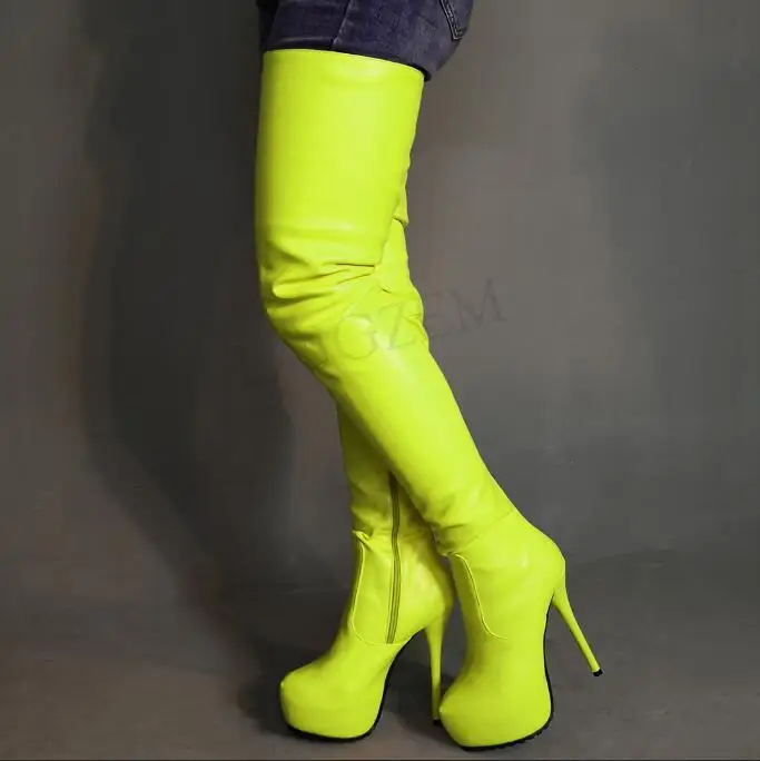 LAIGZEM/ г.; женские сапоги до бедра; Сапоги выше колена из искусственной кожи; сапоги на платформе; зимняя обувь на молнии; Botas Mujer; большие размеры 52 - Цвет: LGZ834  Light Yellow