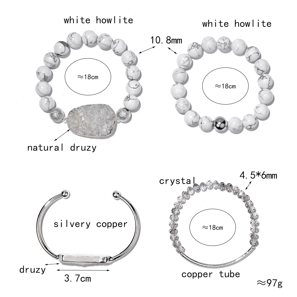 Natural Stone Bracelets Set For Women Chic Quartz Druzy White Howlte Agates Cut Crystal Bead Bracelet Open Cuff Bangles BCSET307