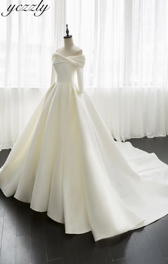 Vestidos De Novia Sirena/Винтажные Свадебные платья с длинными рукавами и открытыми плечами ТРАПЕЦИЕВИДНОЕ Королевское мягкое атласное свадебное платье Abiti Da Sposa