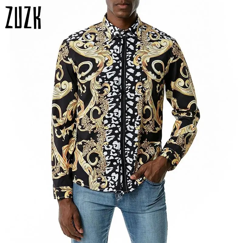 

ZUZK Golden Leopard Printed Royal Dress Shirt Mens Fashion Clothing Trends Long Sleeve Camisa Social Baroque Party Formal Shirts