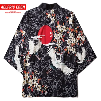 

Aelfric Eden Japanese Style Fairy Crane Printed Kimono Shirts Jackets 2020 Hip Hop Streetwear Front Open Coats Summer Loose Tops