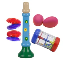 Музыкальные игрушки ударные инструменты Группа ритм комплект включая деревянный Рог+ дождевик+ яйцо форма маракаса+ кастанеты для детей