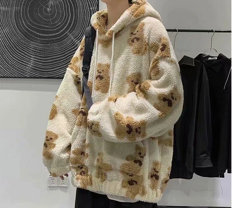 V-hanver little bear Pattern furry Hoodie 2020 Winter Warm Plush  sweet Pullovers Woman Vintage korean Style loose Sweatshirt cat hoodie Hoodies & Sweatshirts