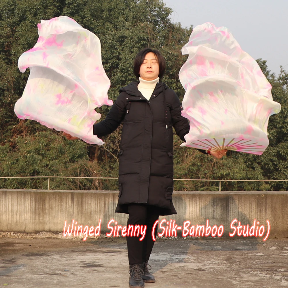 Шелковая вееровая Фата для танца живота Пастельная Бирюза + желтый розовый цвет 1