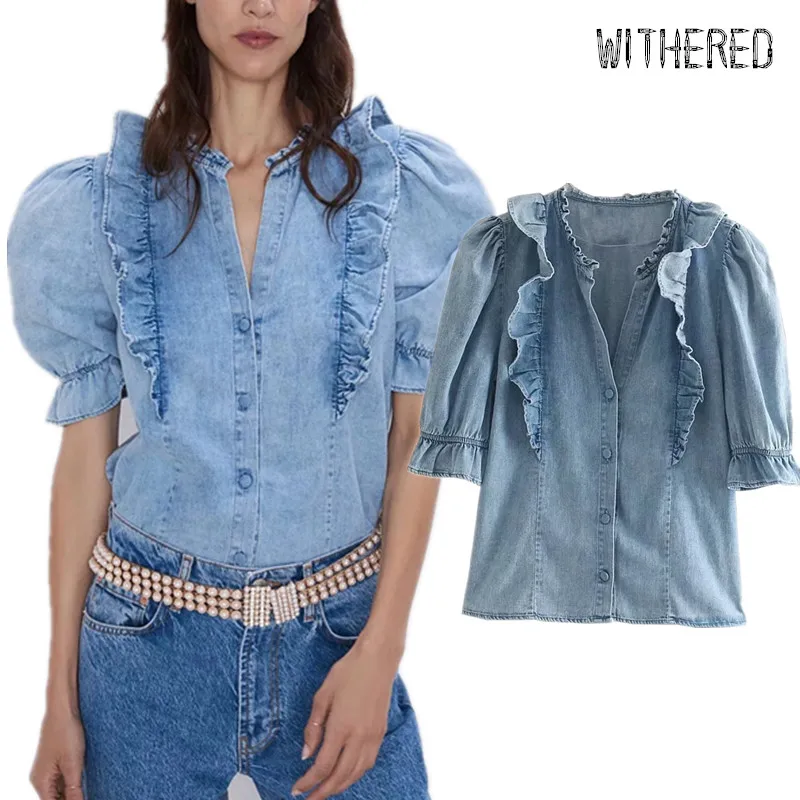 Acheter Chemisier en denim à manches bouffantes à volants en cascade Withered high street femmes blusas mujer de moda 2019 chemise femmes hauts et chemisiers