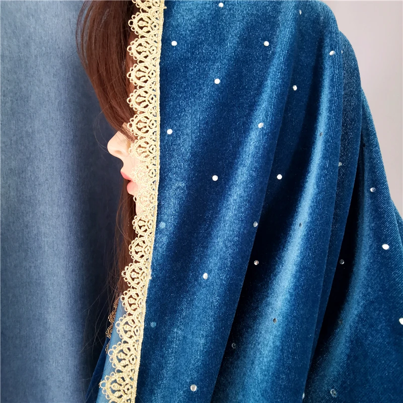 Velvet Beading Shining Mantilla Veils Catholic for Church Chapel Women Headcovering Beaded Round Blue Mass Head Wrap Gold Edge