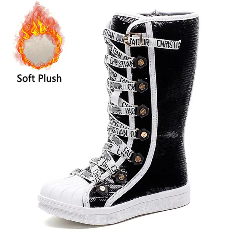 Black Plush Ботинки для девочек; детские зимние ботинки с блестками для девочек; коллекция года; Модные Ботинки martin для малышей; Bota; детская обувь принцессы; Размеры 26-37 - Цвет: Black Plush