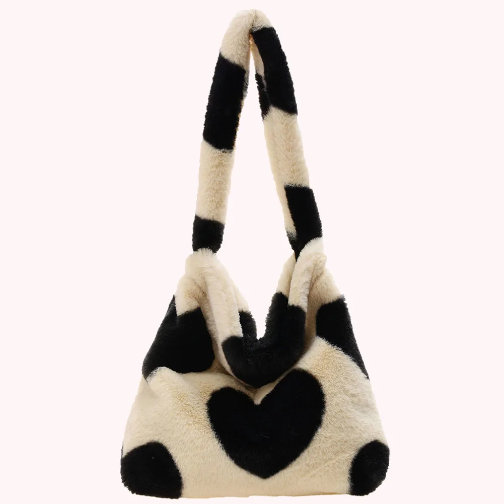 Women Plush Flower Pattern Shoulder Bags Female Cow Print Bucket Bags Love Heart Print Faux Fur Handbag Furry Fluffy Tote Bags 