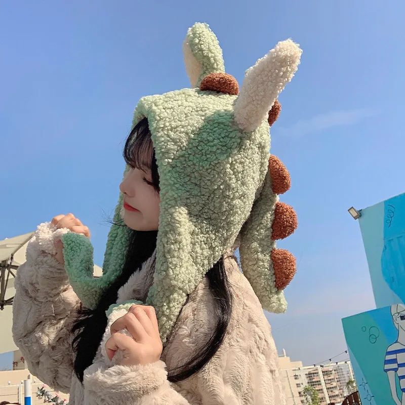 Cute Funny Little Dinosaur Hat Female Autumn and Winter Plus Velvet Warmth Will Move Ears Headdress Lovers Warm Hat