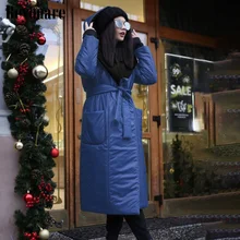 

Beyouare 2021 Winter Thicken Cotton Women Oversized Mid-Calf Hooded Jacket Solid Slim Sashes Pockets Loose Elegant Female Coat