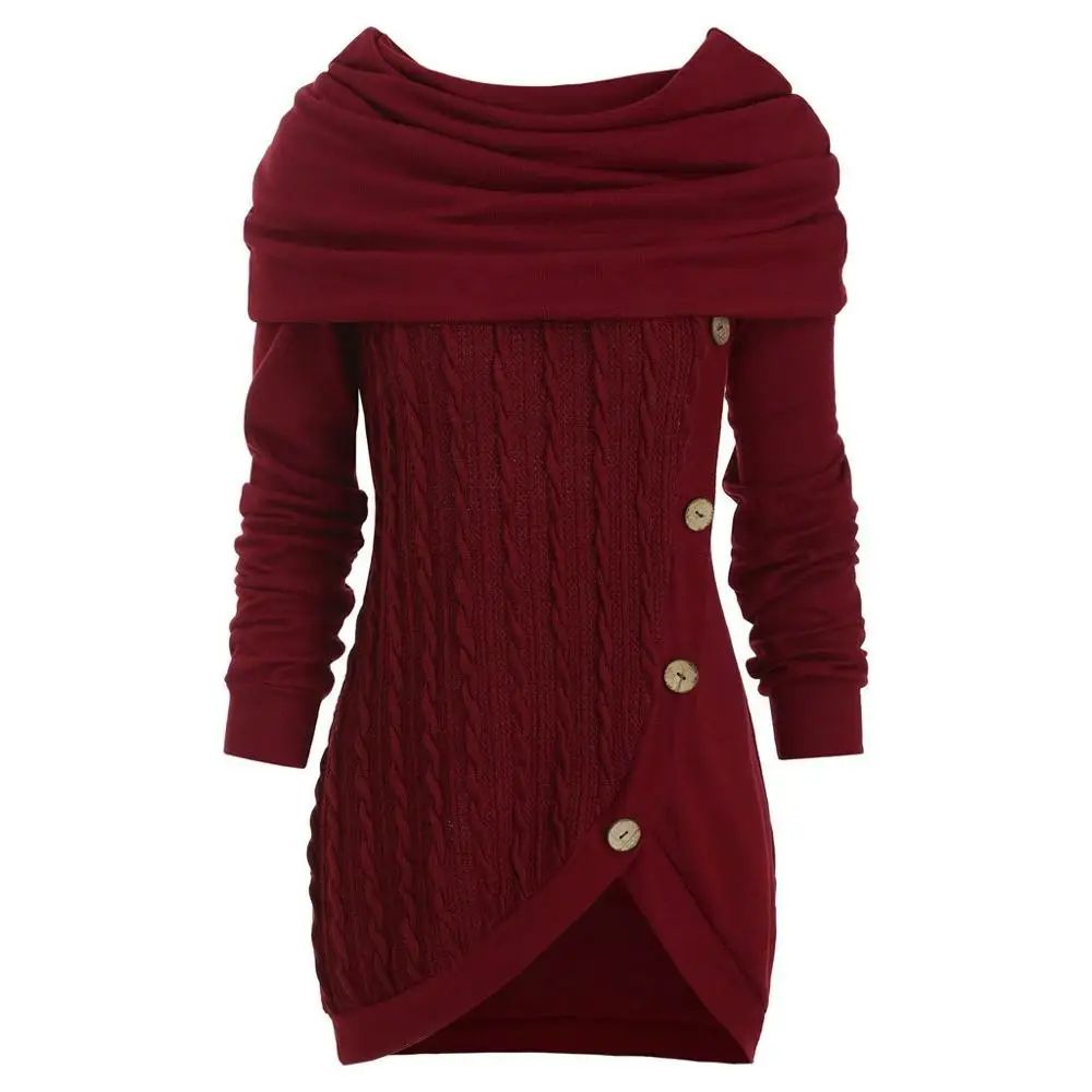 Женщины плюс размер сплошной цвет вязаный свитер сшивание Кнопка кучи воротник с капюшоном неровный вязаный свитер два способа носить - Цвет: Wine