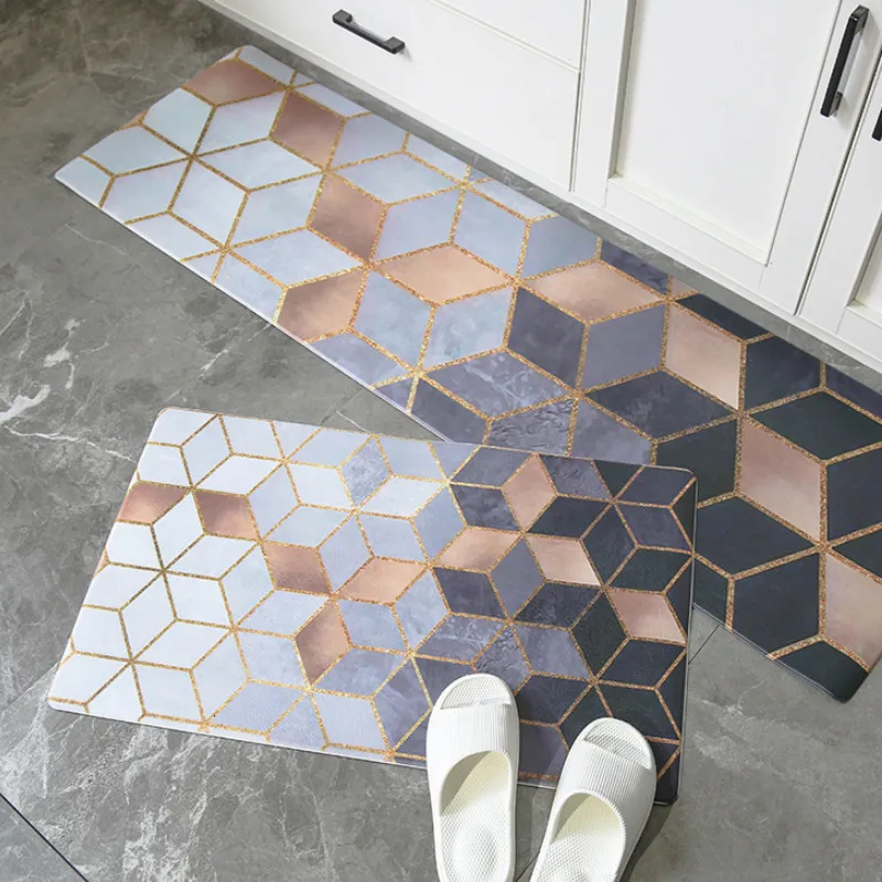 

Geometric PVC Kitchen Carpet Waterproof Kitchen Mat Oilproof Wear-Resistant Doormat Non-Slip Floor Mat Bath Modern Kitchen Rug