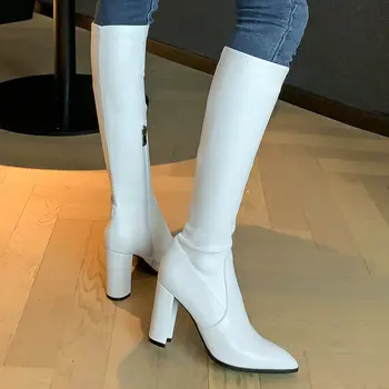 

Pointed Toe Block Heeled Tight Boots Woman Fashion Zipper Knee High Boots Women Luxury Genuine Leather Stretch High Boots Black