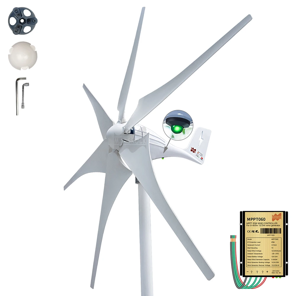 RANZHIX Modern Economy Turbine Wind Generator 5 Blades Vertical Wind Power  Turbine Generator White Lantern Style with Charge Controller 600W 24V