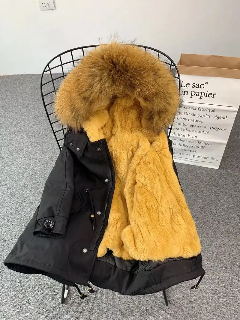 Black Yellow Детское пальто с кроличьим мехом; теплые пуховики для девочек; зимние парки для мальчиков; пальто с капюшоном из натурального меха енота; куртка для девочек; TZ279 - Цвет: Black Yellow