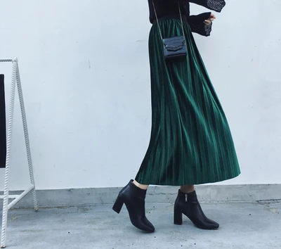 Бархатные юбки для женщин s Faldas Mujer Moda модная эластичная высокая Талия Макси плиссированная длинная миди Saias Jupe Женская Зимняя юбка - Цвет: Зеленый