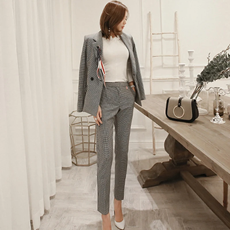 

2019 Women Clothes Plaid OL Professional Office Suits Slim Full Sleeve Brief Autumn Blazer Coat Long Pant Two Pieces Work Se