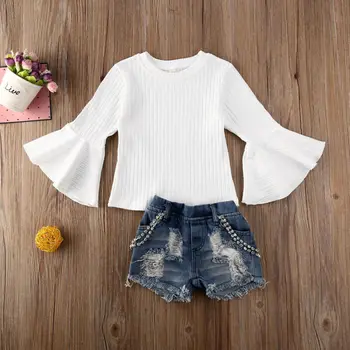 

Pudcoco Toddler Baby Girl Clothes Solid Color Flare Long Sleeve Knitted Cotton Tops Ripped Denim Short Pants 2Pcs Outfits Set
