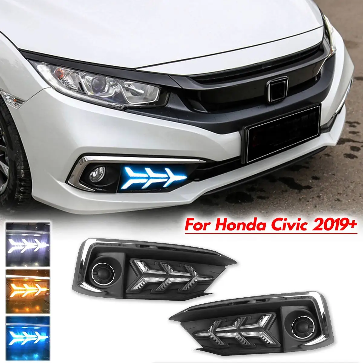 

1 Pair White Amber Ice-Blue LED Fog Light Daytime Running Light DRL Flowing Turn Signal For Honda For Civic 2019-2020