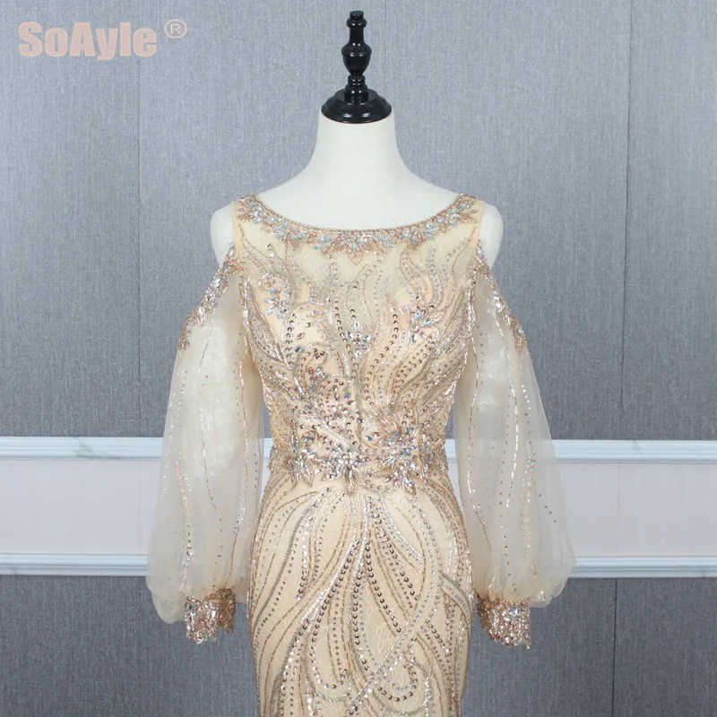 SoAyle Luxury Beaded Evening Dress High-end Dress O neck Mermaid Evening Dresses Long Sleeves Unique Vestido de Festa