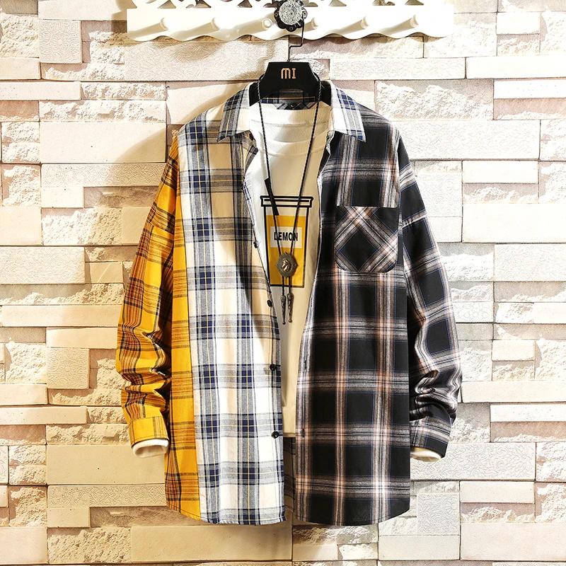 Plaid Contrast Colour Casual Loose Shirt Fashion Patchwork Long Sleeve Casual Shirt Hip Hop Street Clothing Men's long sleeve shirt,men casual shirt