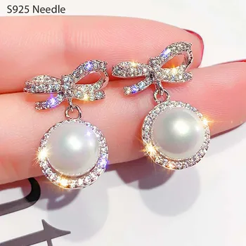 

925 Sterling Silver Needle Stud Earrings for Women Jewelry Butterfly Pearls Cubic Zircon Rhinestone Elegant Female Earrings