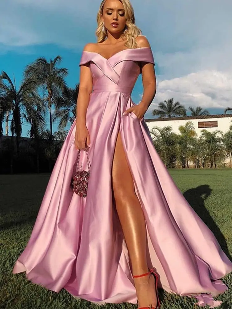 Pink V Neck Satin Long Prom Dresses 2021 Off Shoulder Front Split with Pocket Floor Length Plus Size Party Evening Gown Lace-up pink prom dress