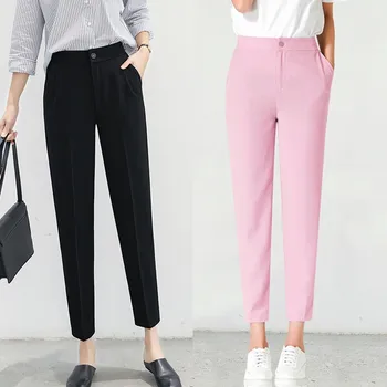 

Fashion New Mid Waist Slim Solid Color Casual Nine Points Trousers Button Fly Commuter Pencil Pants