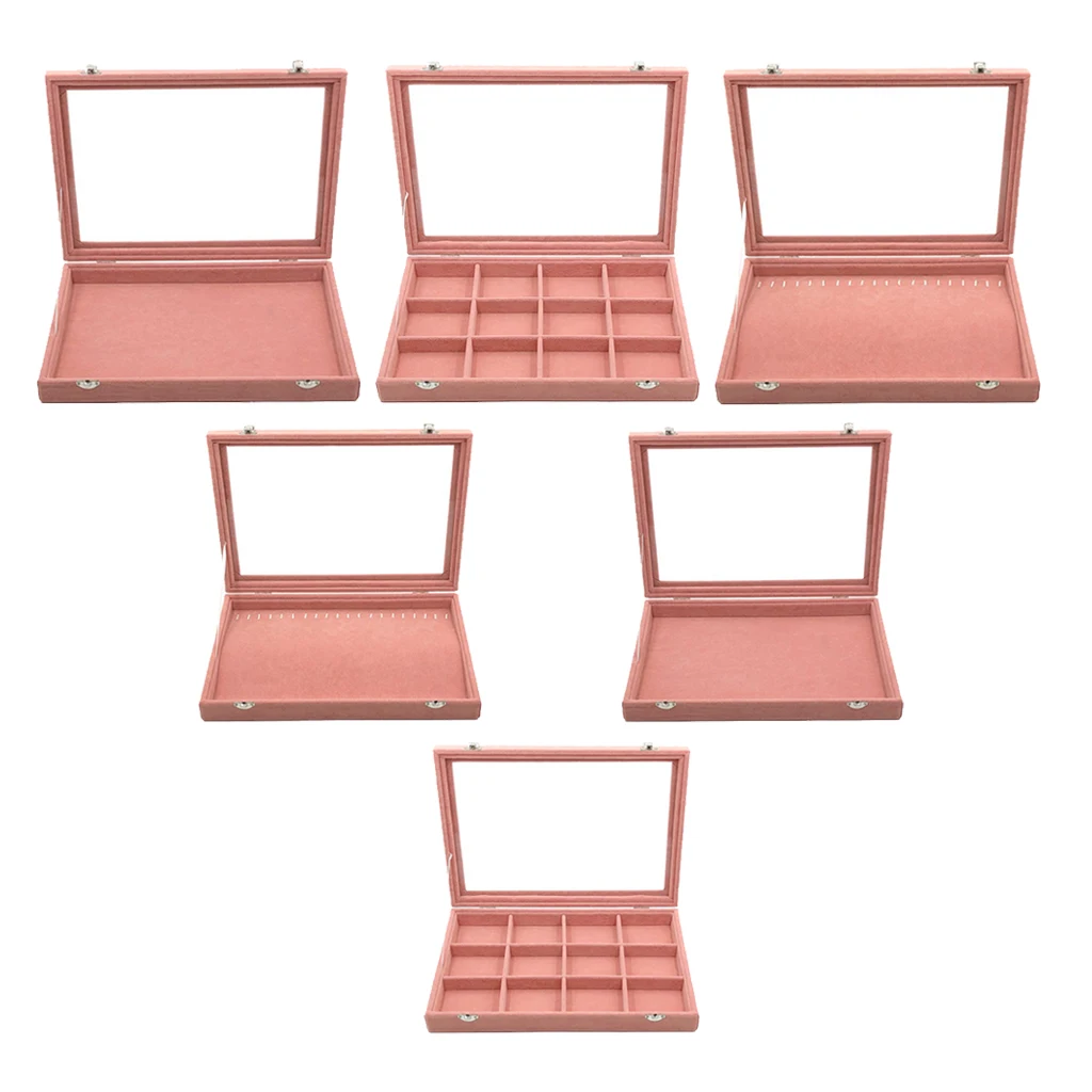 Jewelry Tray, Velvet Case Organizer with Glass Lid for Ring, Stud, Necklace, Bracelet, etc