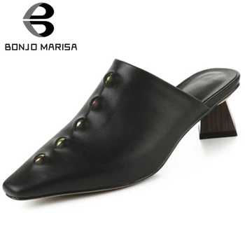 

BONJOMARISA Brand Lady Genuine Leather Pumps Pointed Toe Metal Hollow Fashion Concise Mules Women Slip On Solid Shoes Woman