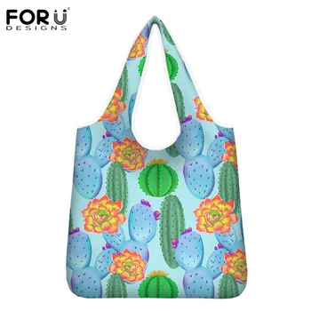 

FORUDESIGNS Cactus Blossom Pattern Large Capacity Women Tote Bag For Gift Foldable Storagable Grocery Bag Eco-friendly Shop Bag