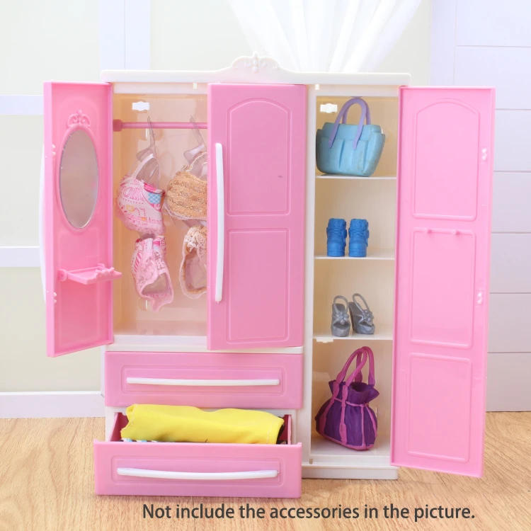 Furniture For Barbie Doll Three-door Pink Modern Wardrobe for armario Accessories with Dressing Mirror мебель для барби Girls To