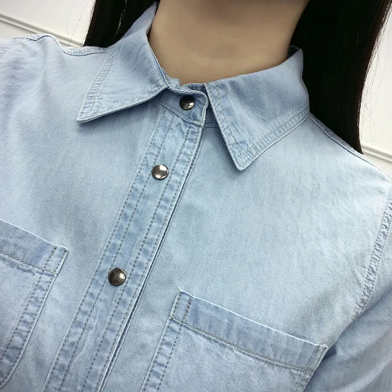 Весенне осенняя винтажная синяя блузка джинсы женские топы тонкий 2020 длинный