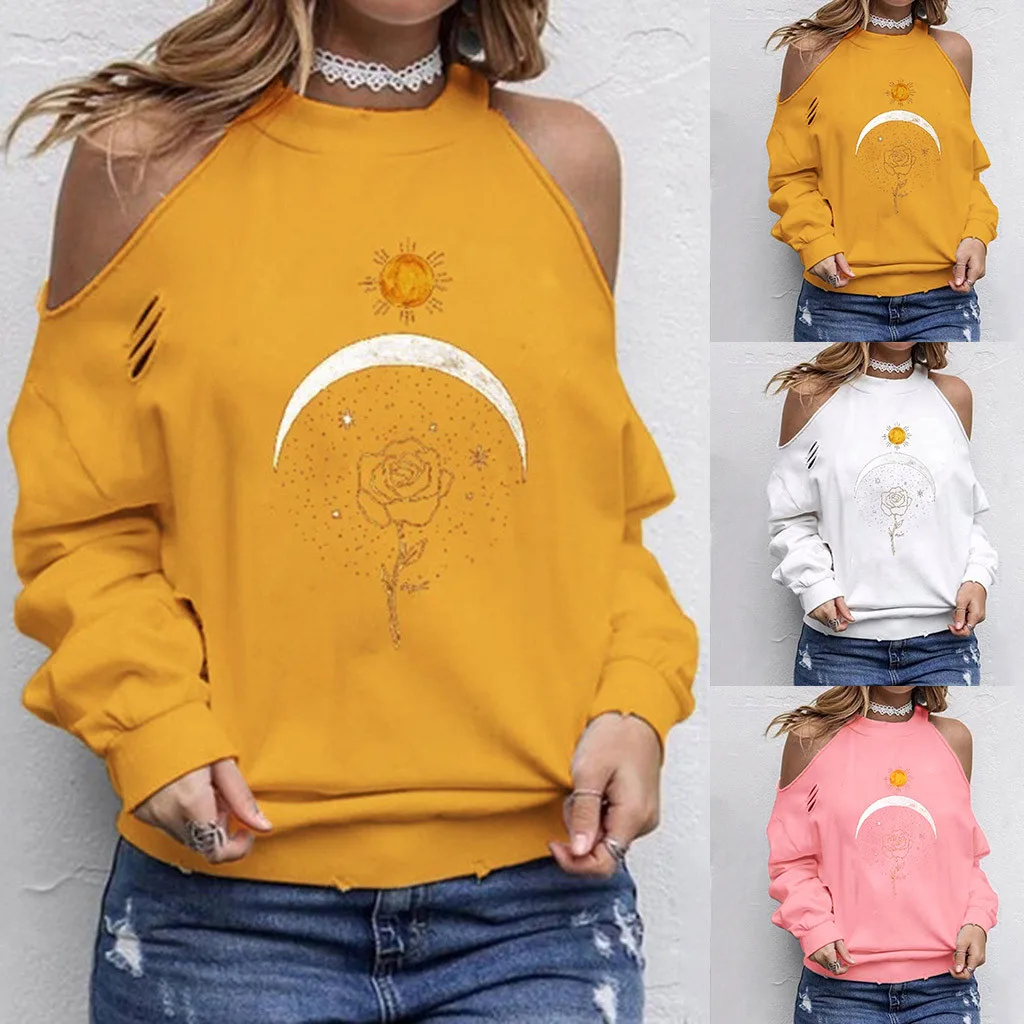 Sudaderas mujer новая толстовка женская Повседневная с длинным рукавом Однотонная Толстовка с принтом декольте с открытыми плечами Толстовка Harajuku спортивный костюм# G30