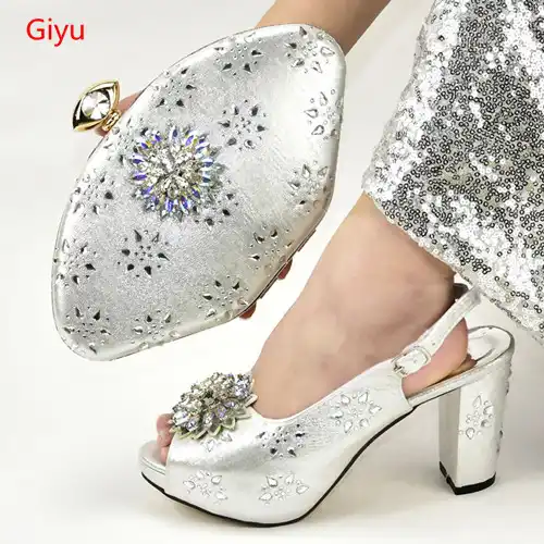 silver shoes and bag