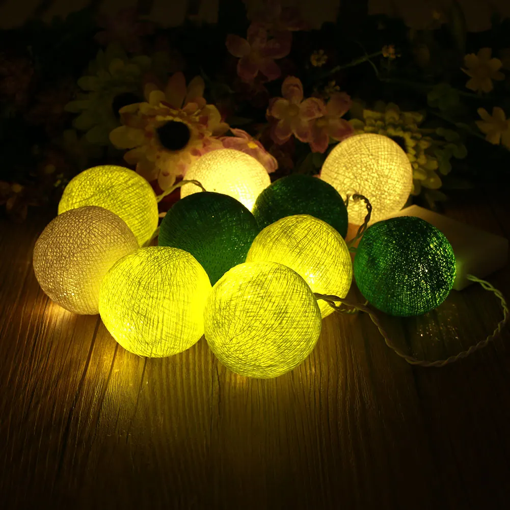Светодиодный светильник-гирлянда, хлопковый шар, светильник s, белый+ желтый+ зеленый, 3 м, 20 шариков, 220 В, Рождественский, хлопковый, Свадебный, сказочный адаптер